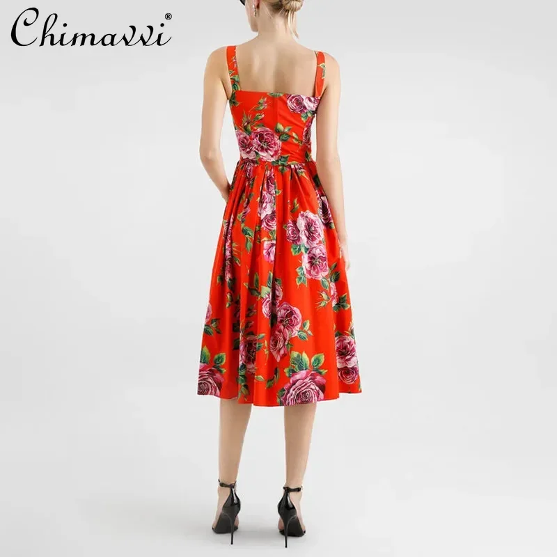 

2025 New Temperament Pleated Design Literary Style Retro Printing Suspender Long Waist Thin Long Dress For Women