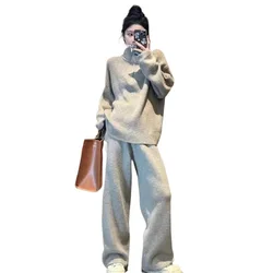 Casual Style High Neck Sweater Set For Women's Autumn And Winter 2024 New Fashion Knitted Casual Wide Leg Pants Two-Piece Set