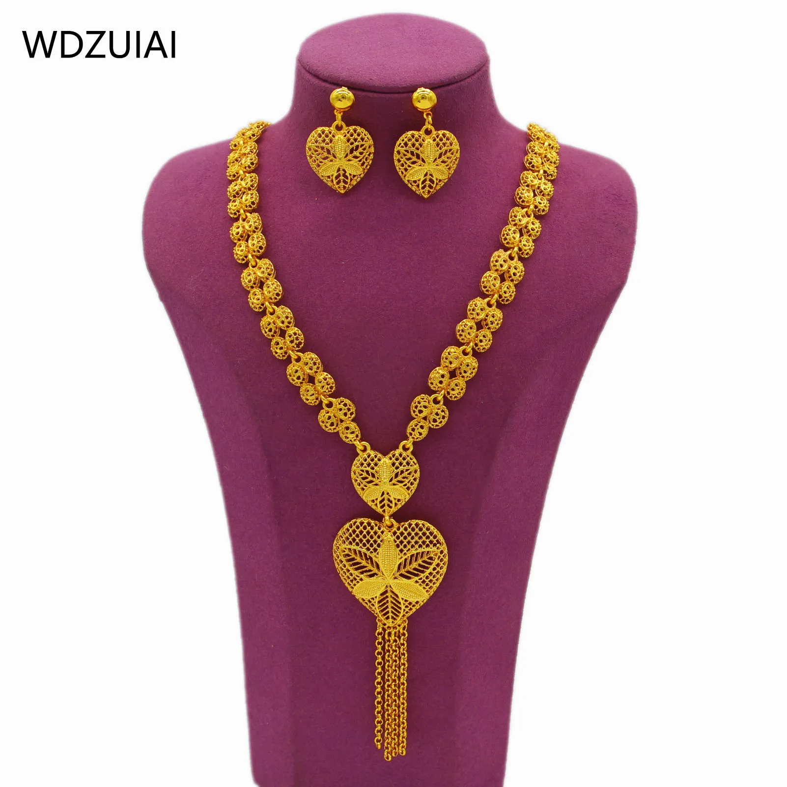 WDZUIAI Heart Shape Gold Color Necklace&Earrings Jewelry Set African Arab Women Girls Party Jewelry French Dubai Wedding Jewelry