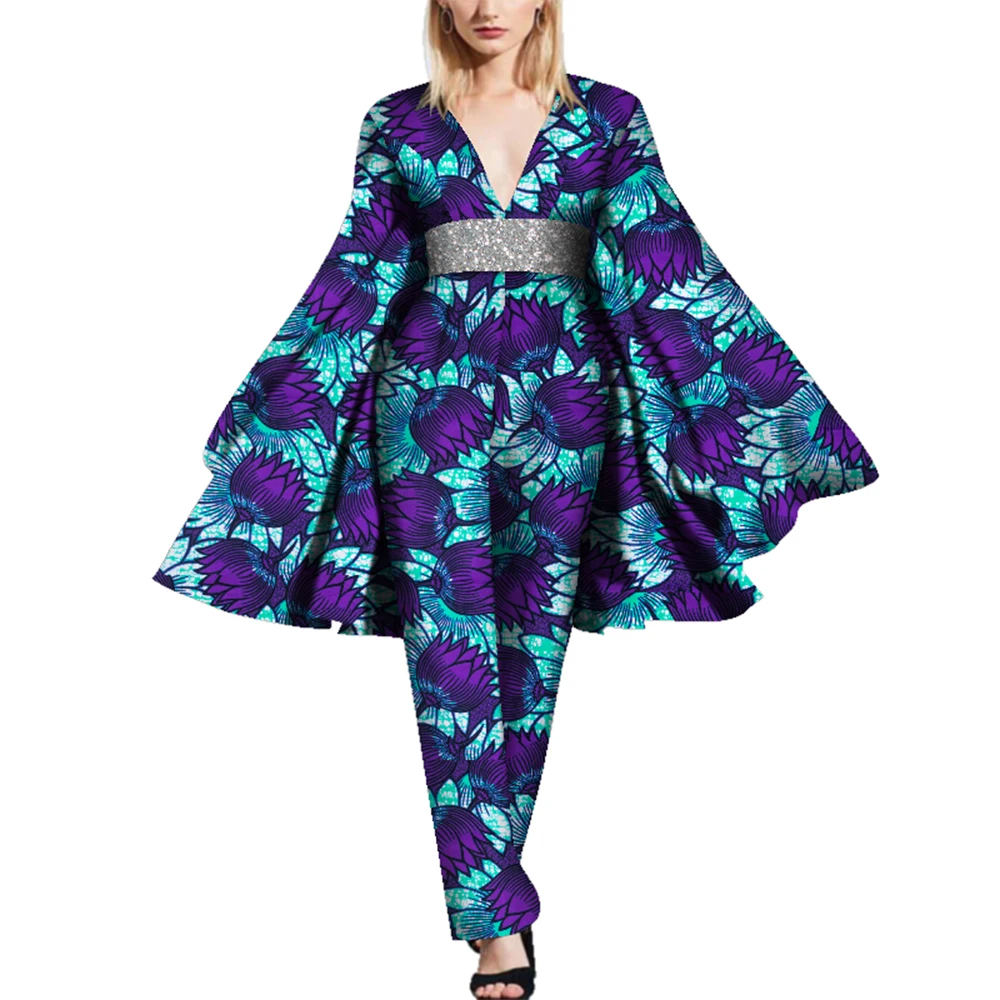 BintaRealWax African Cape Sleeve Romper Bazin Riche Sexy DeepV-Neck WomenJumpsuit Dashiki Elegant Jumpsuit WY5597