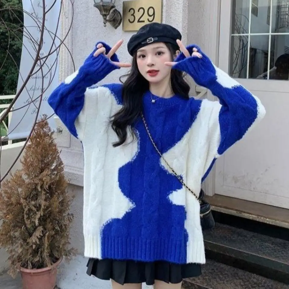 Contrast Color Twist Pullover Sweater Autumn Winter New Retro Women Korean Version Loose Lazy Knitted Pullover Long-Sleeved Top