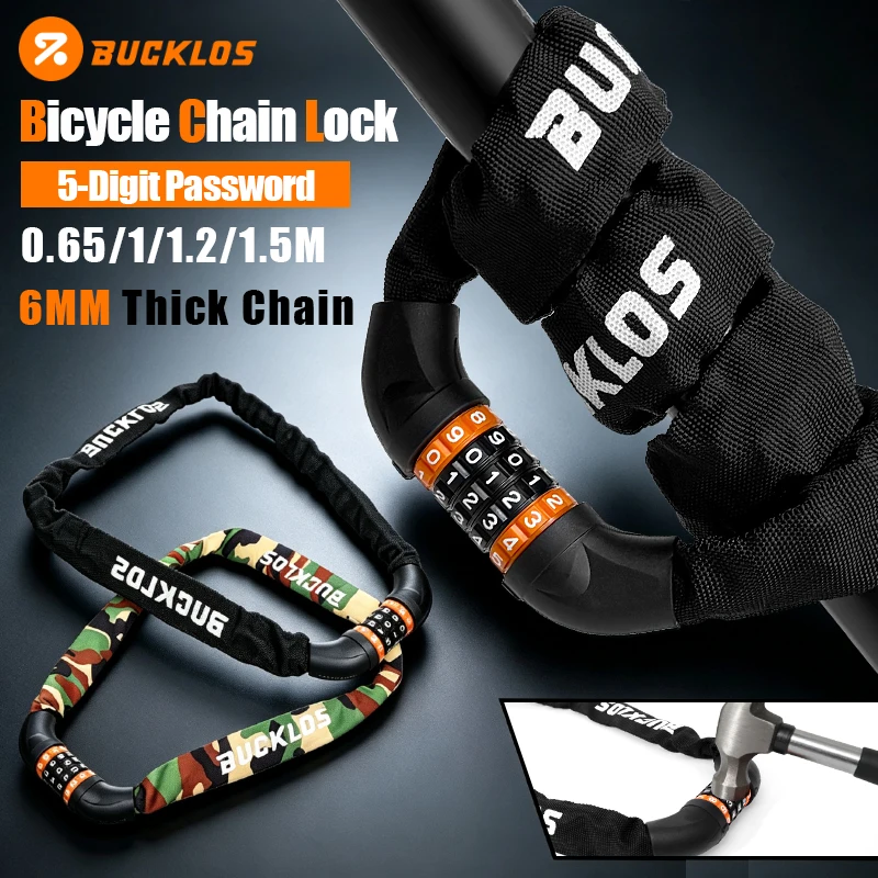 

BUCKLOS 0.65/1/1.2/1.5M Bicycle Chain Lock Zinc Alloy Core Durable Bicycle Lock Chain 5-Digit Password Safety Bike Locks