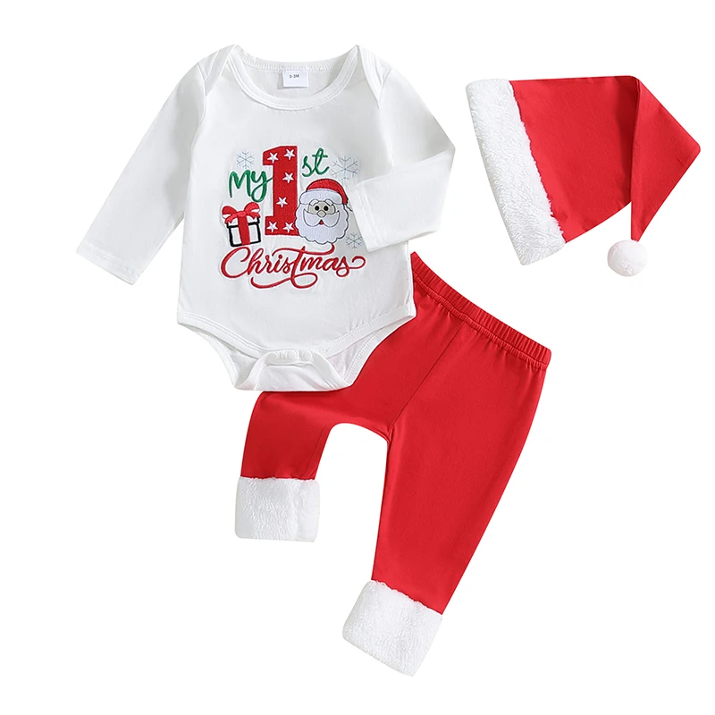 

Baby Boy Girl Christmas Outfit Letter Print Long Sleeve Romper Plush Trim Elastic Waist Pants Santa Hat 3 Piece Set