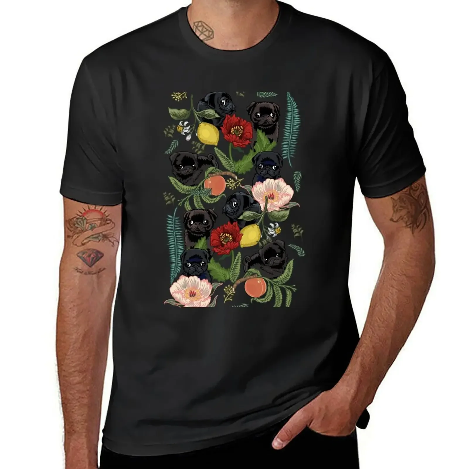 

Botanical and Black Pugs T-Shirt shirts graphic tees blue archive vintage t shirts anime funny t shirts men