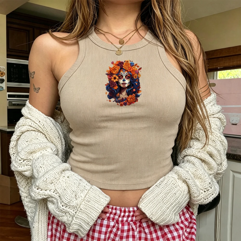Sugar Skull Floral Lady Day of The Dead Graphic Sleeveless Cami Y2K Halloween Mexican Folk Summer Streetwear Vest Tees
