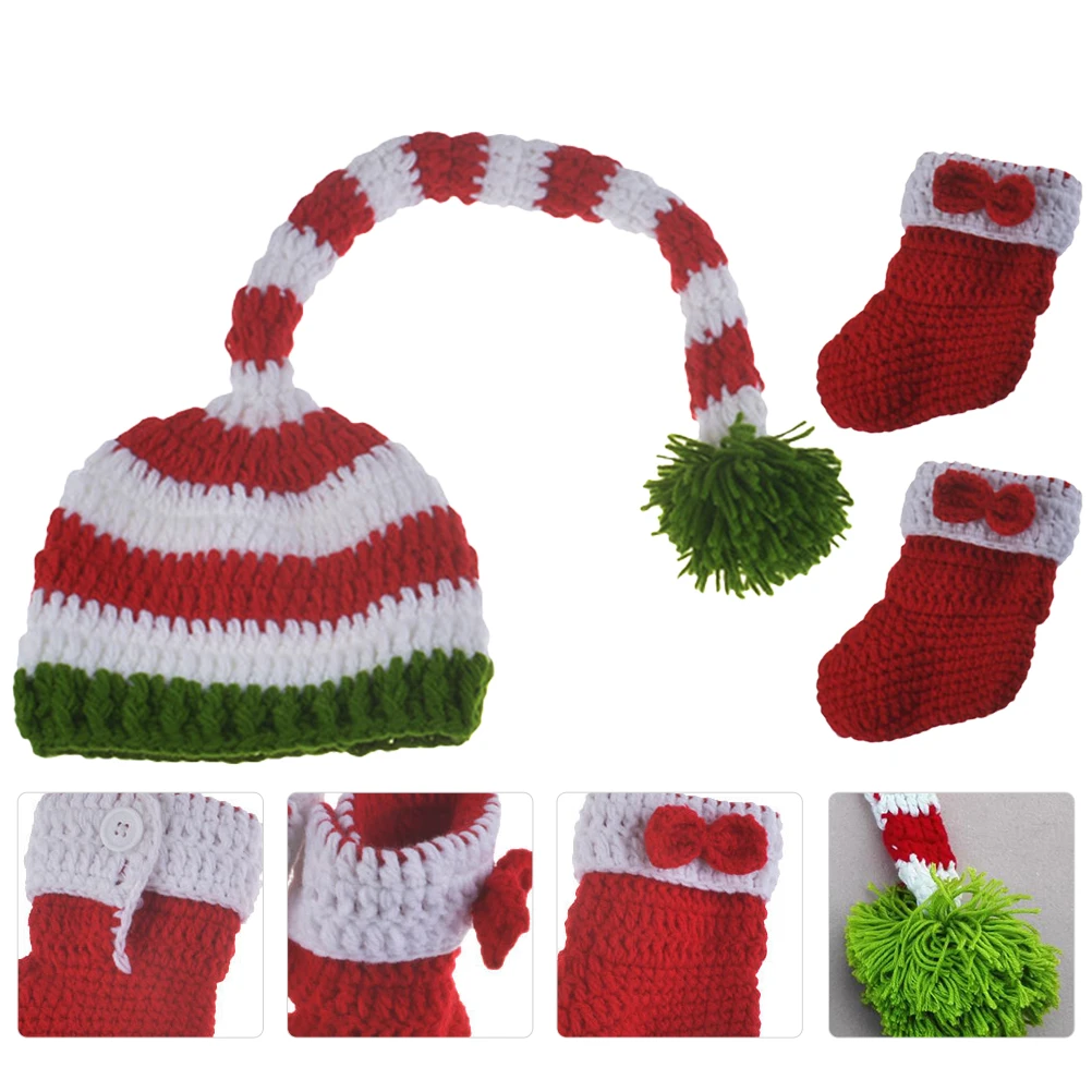 

Christmas Hat Socks Set Photo Shoot Props Photography Suit Long Tail Yarn
