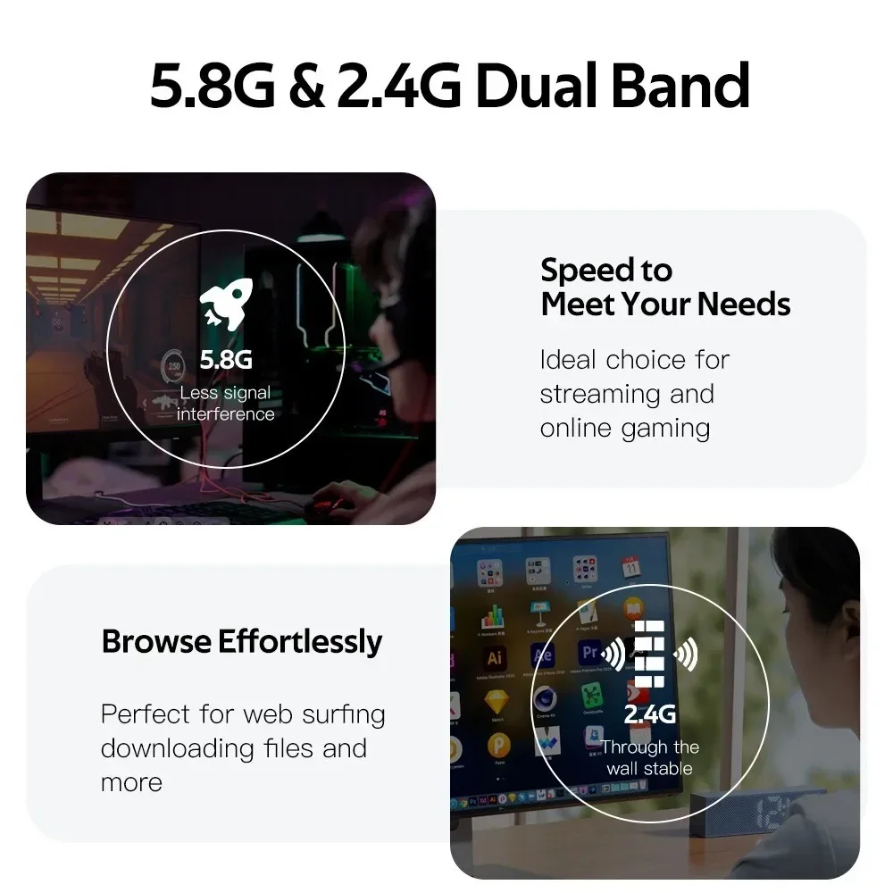 KEBIDUMEI 1300Mbps WiFi Adapter Network Card Dual Band 2.4G/5GHz Bluetooth 5.4 Wireless Receiver Transmitter For Desktop Laptop