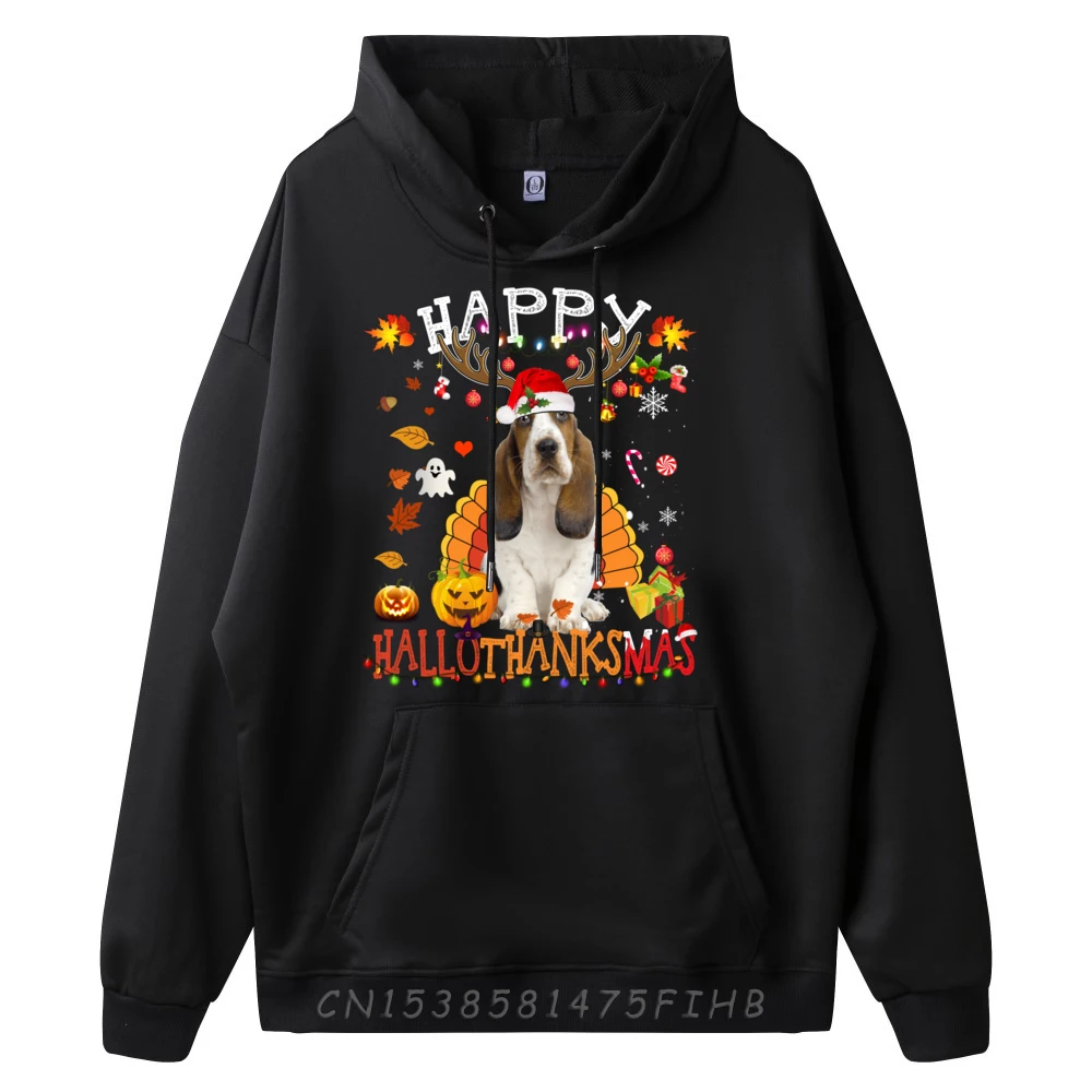 Basset Hound Halloween Christmas Dog Happy Hallothanksmas Luxury Hoodies Polyester Fiber Hoodies Men