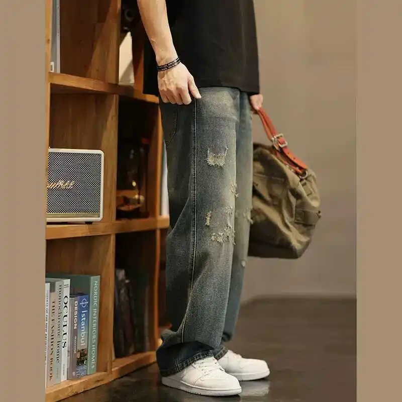 

Retro American Waed Men's Jeans Spring Summer New Loose Straight Wide Leg Trendy Brand Casual Wear Resistant mid Waist Zipper