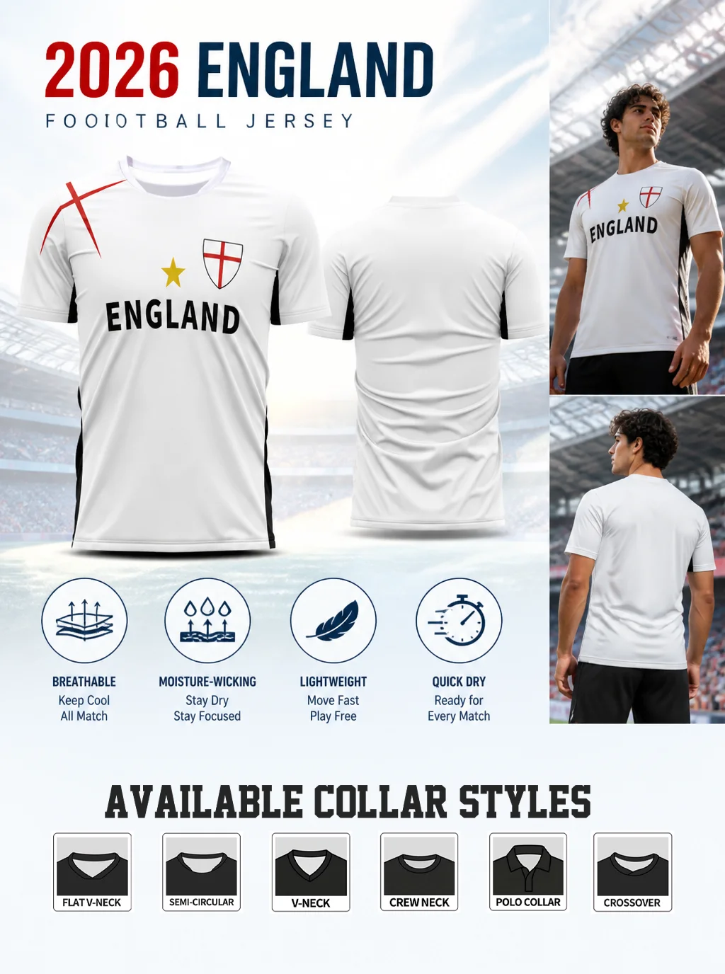 Minimalist England football jersey with St‑George cross badge shows national football faith via letter and golden star