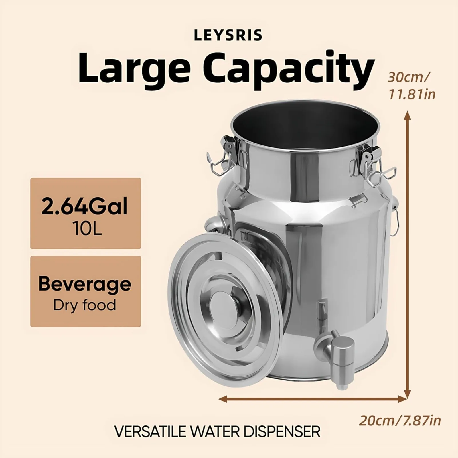 

BYMAOCAR 10L 304 Stainless Steel Drink Dispenser with Spigot, Sealed Lid & Handle, for Water, Juice, Milk, Home & Catering Use