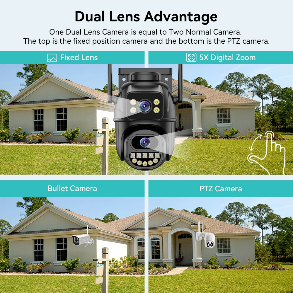 4K 8MP WIFI PTZ IP Camera Dual Lens With Dual Screen Ai Human Auto Tracking Color Nightvision ICsee Outdoor Surveillance Camera