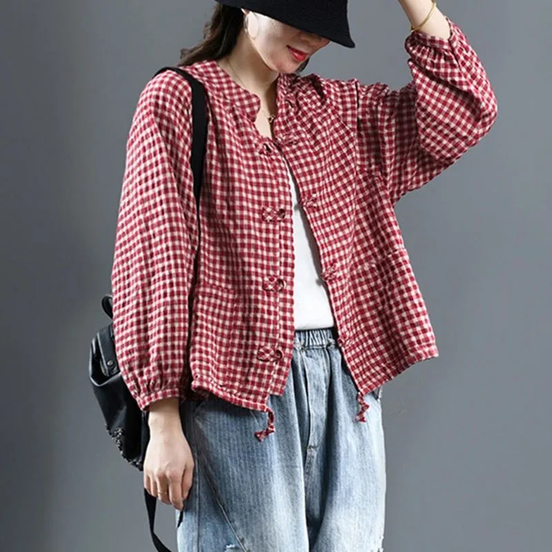 Vintage Stand Collar Button Shirring Plaid Shirts Women\'s Clothing 2023 Autumn Winter Loose Casual Tops Lantern Sleeve Blouses