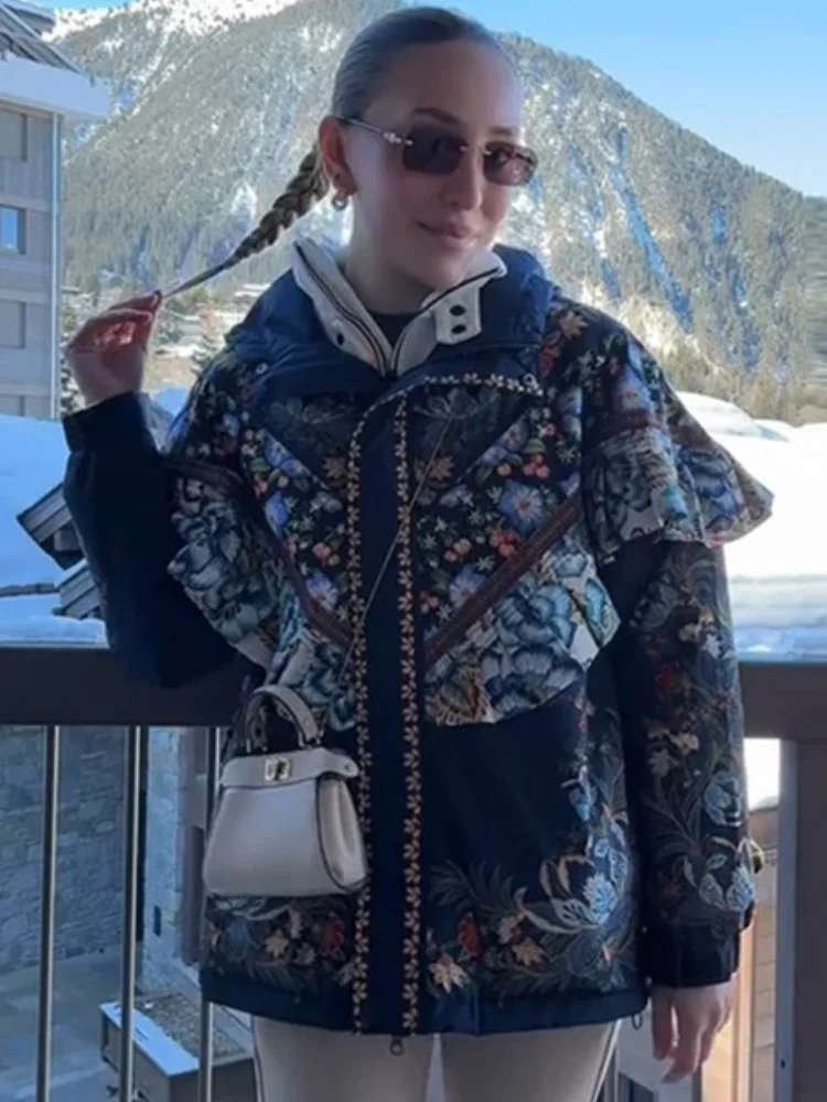Chic Floral Ruffle Trim Ski Jacket Zip Up Stand Collar 2026 Winter Women Trendy Outdoor Outerwear Warm Ladies Snowboard Coat