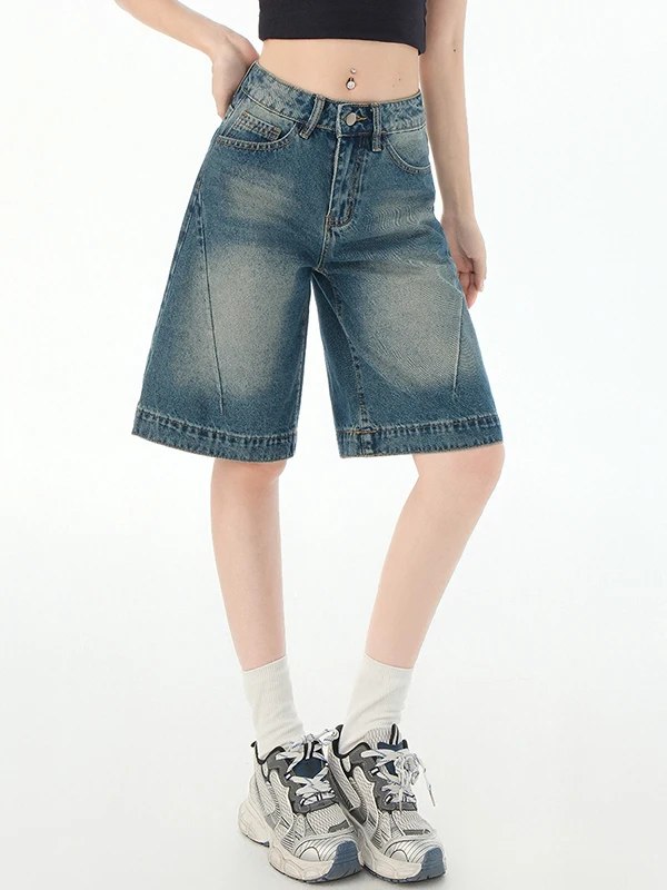 

Retro American Spicy Girl Five-Point Denim Shorts Women's Summer New Design Low Waist Loose Straight Wide Leg Mid-Pants