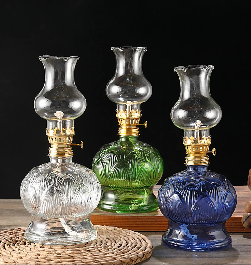 1pc Large Chamber Oil Lamps For Home Decor, Office & Temples Vintage Glass Clear Kerosene Lamp W/ Wick Camping Lighting