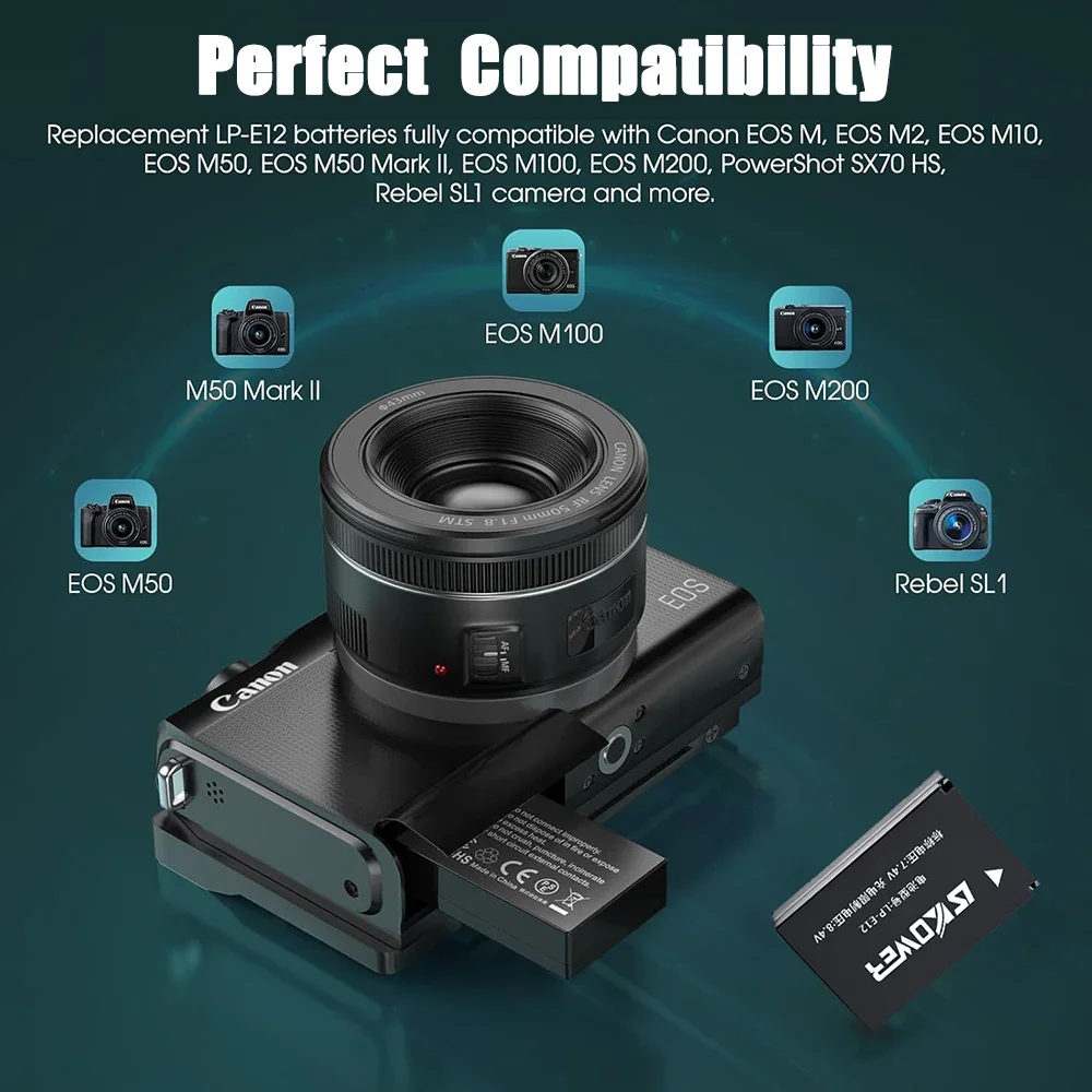New LP-E12 Camera Battery for Canon EOS 100D M M2 M10 M50 Mark II M100 M200 Kiss X7 Rebel SL1 Dual Charger view 3