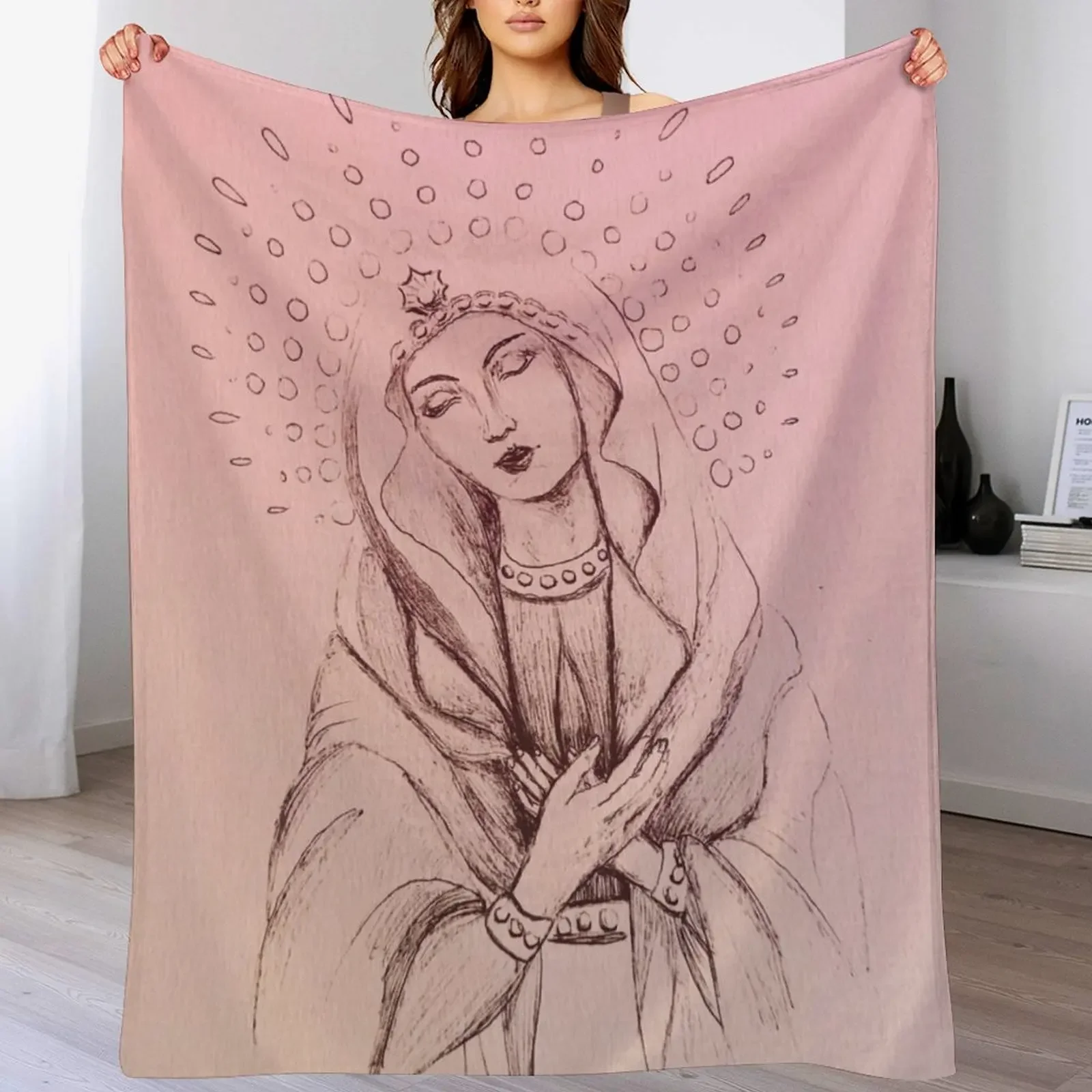 Mother Mary Heart in Pink Throw Blanket Outdoor Soft Blanket for Picnic Beach Camping
