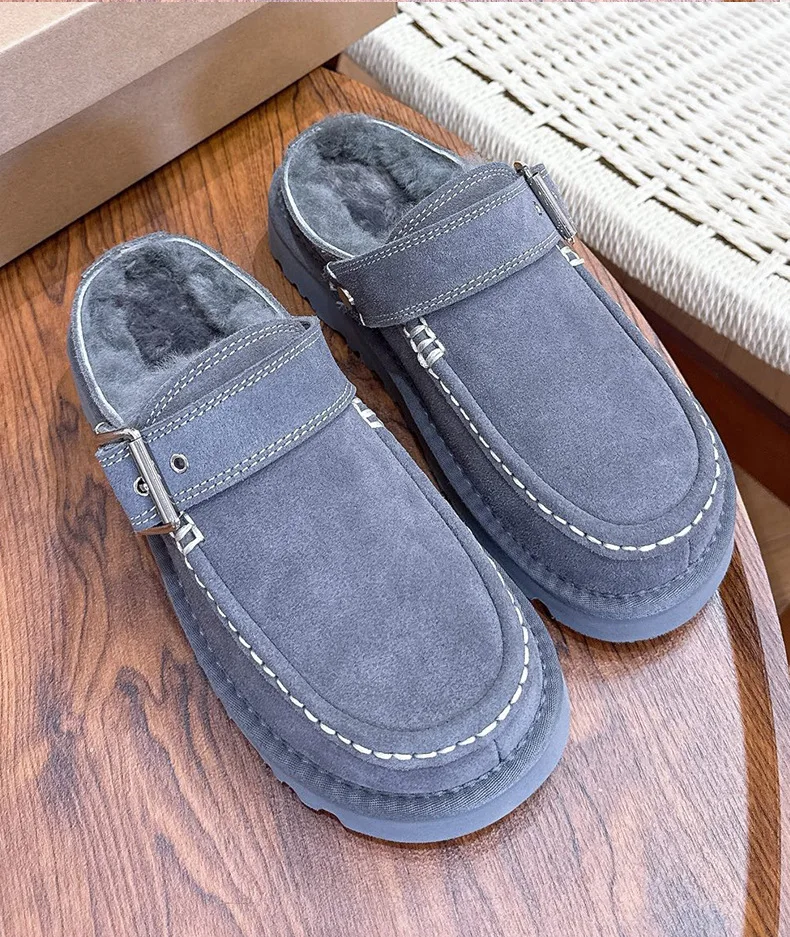Neue Damen-Schlappen aus Rindsleder und Wolle, Schneestiefel mit Zehenkappe, erhöhte Sohle, warm, stoßdämpfend, dicke Sohle, lässig, für Paare – Detail 8