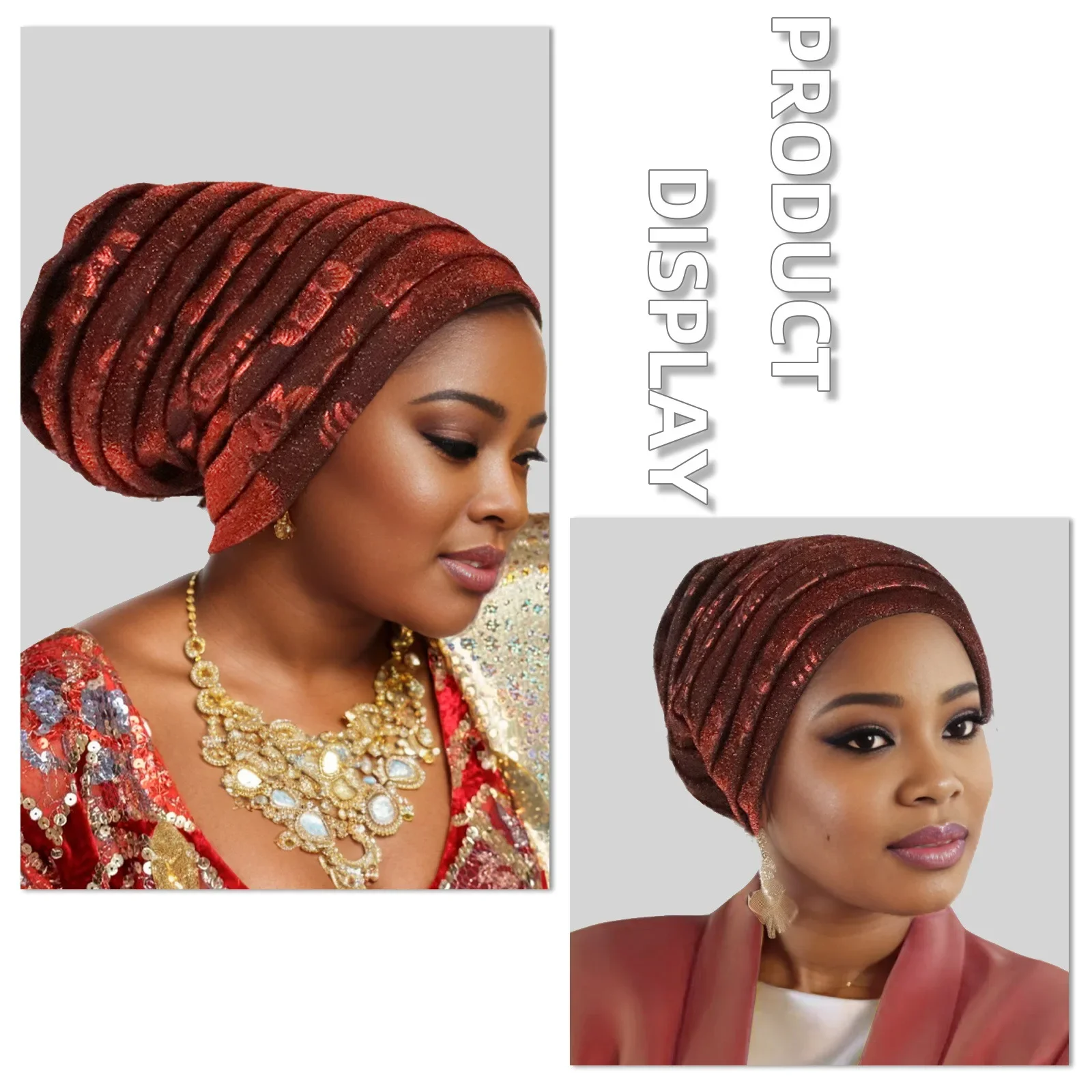 

African Lady Headpiece Muslim Headscarf Hat Glitter Turban Cap for Women Pleated Head Wraps Bonnet Headwear Nigerian Auto Gele