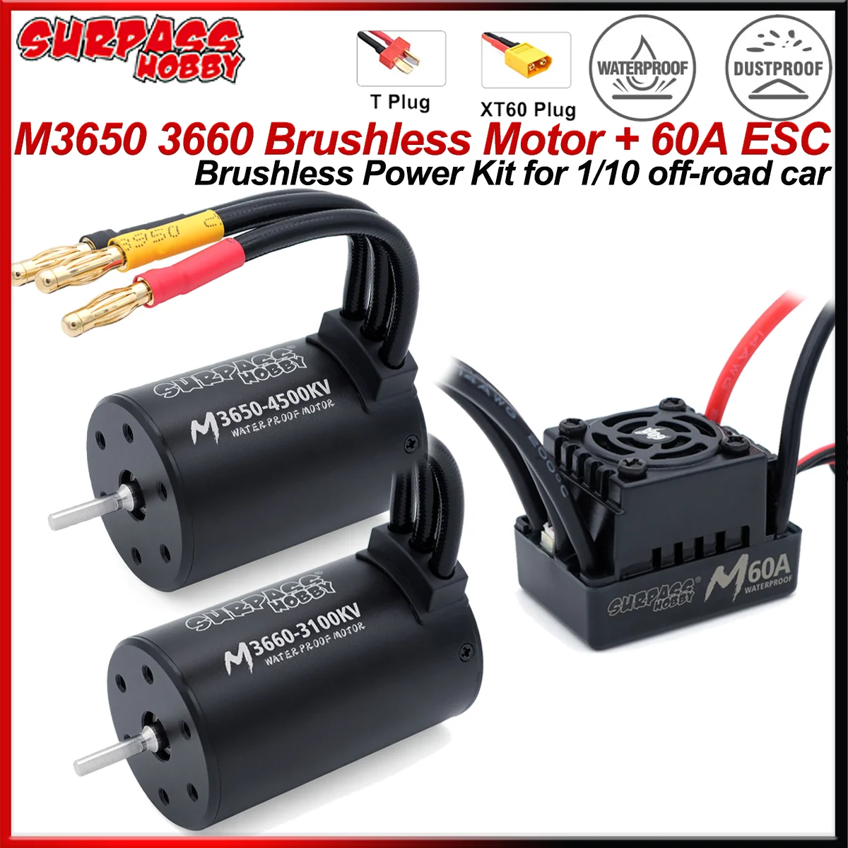 SURPASS HOBBY M3650 M3660 Waterproof Brushless Motor 3100KV 4500KV 5700KV with M60A ESC for 1/10 RC Car Traxxas Truck Off-Road