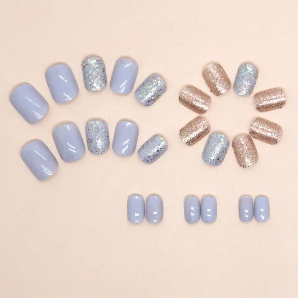 Detachable Short Round False Nails Blue Sparkling French Fake Nails Love Heart Full Cover Nail Tips for Salon