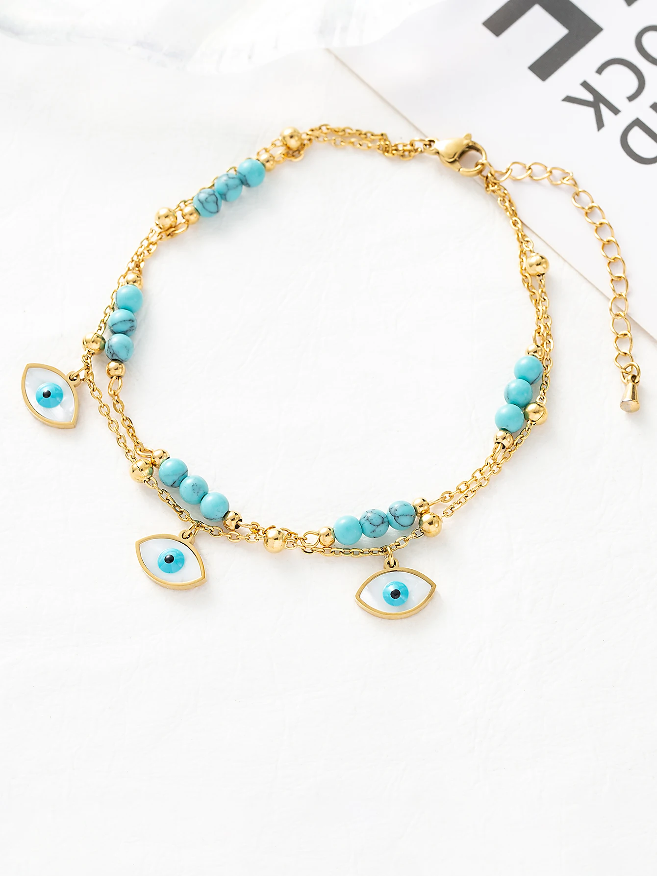 1 set of Turquoise inlaid star devil's eye lady's ankle chain stainless steel plated 18K gold ankle layered chain chain