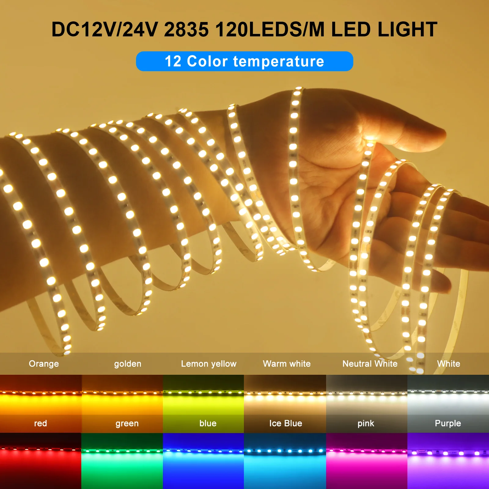 DC 12V 24V 2835 120LEDs/M LED Strip White/Green/Red/Blue/Pink/Yellow/Ice Blue IP21 Flexible Ribbon Tape Rope Light 5M 10M/Roll