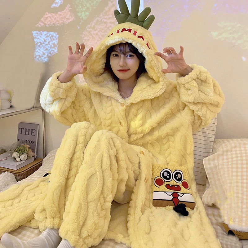 2024 New Cartoon Pajamas For Women Long Robe Warm Winter Homewear Loungewear Bathrobe Hooded Cute Kawaii Pajama Set