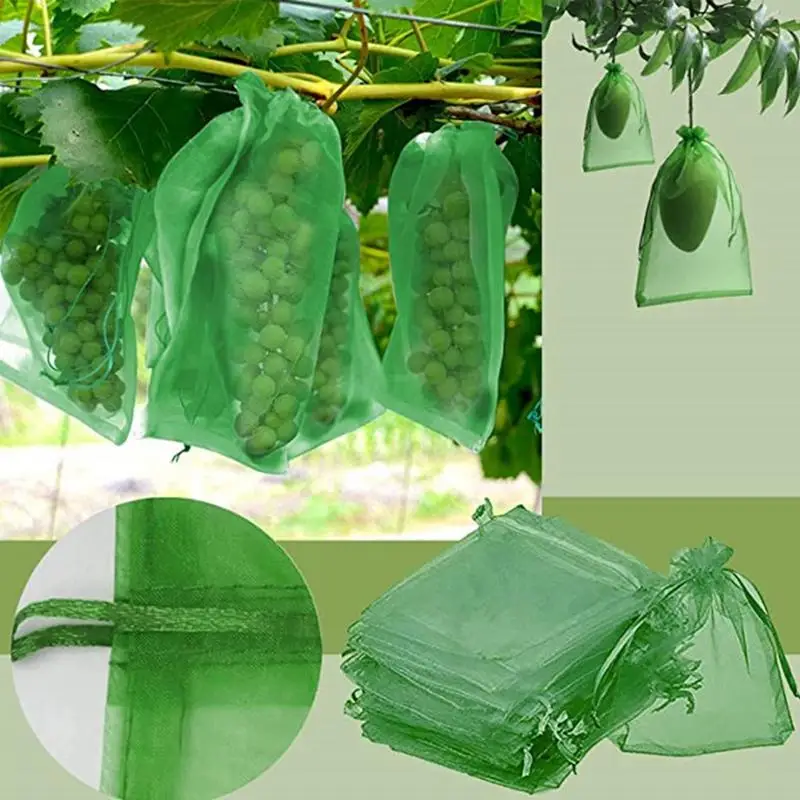 100pcs Fruit Netting Bags Anti-Bird Garden Netting Bags Grape Protection Bags Garden Mesh Bag Fruits Net Cover With Drawstring