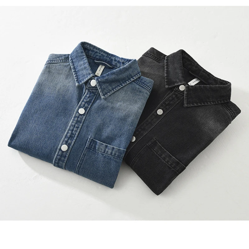 2024 Autumn New Solid Color Casual Denim Cargo Shirts for Men Clothing Casual Long Sleeve Big Pockets Soft Men Shirts CM7372