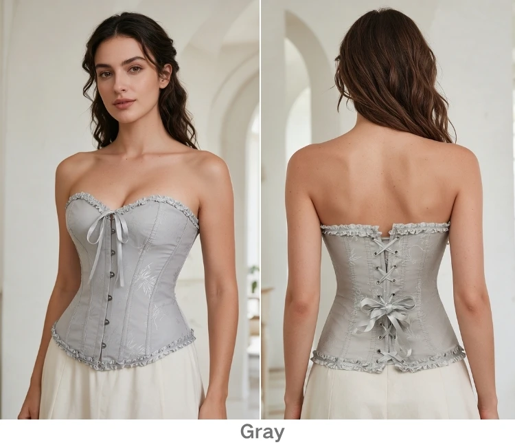 Damen Vintage Jacquard Korsett-Top, trägerlos, mit Rüschen vorne, Busk-Rücken, Schnürung, 20 Farben, für Feiertage, Partys und Abendgarderobe – Detail 12