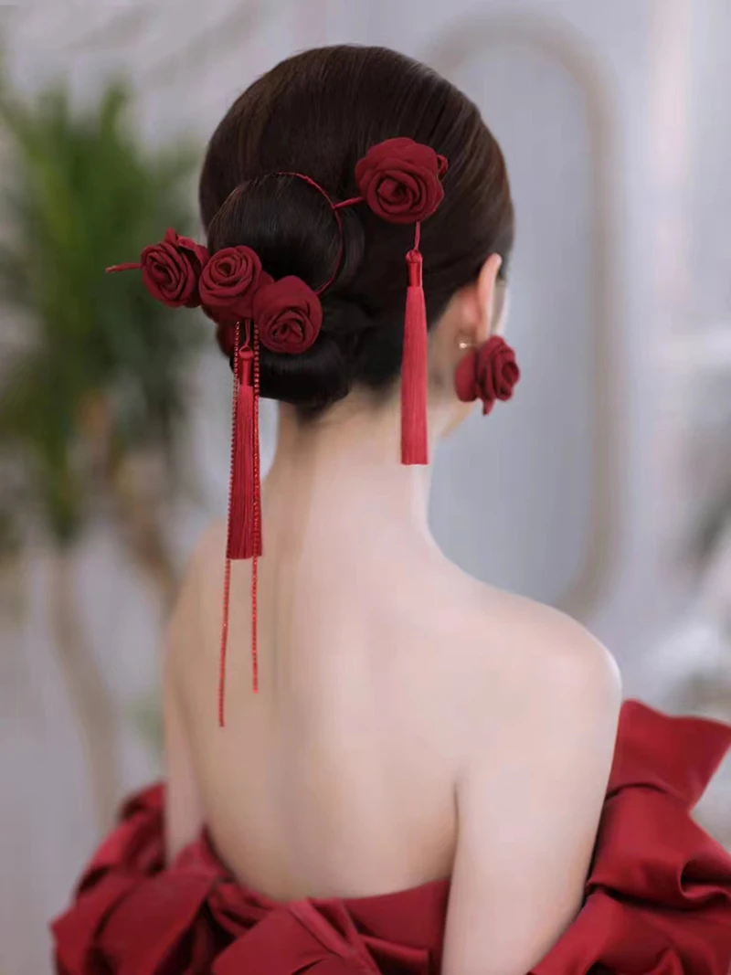 Chinese Style New Fashion Red/White Cloth Roses Flower Bride Wedding Hair Jewelry Accessories Wedding Party Banquet Head Decorat