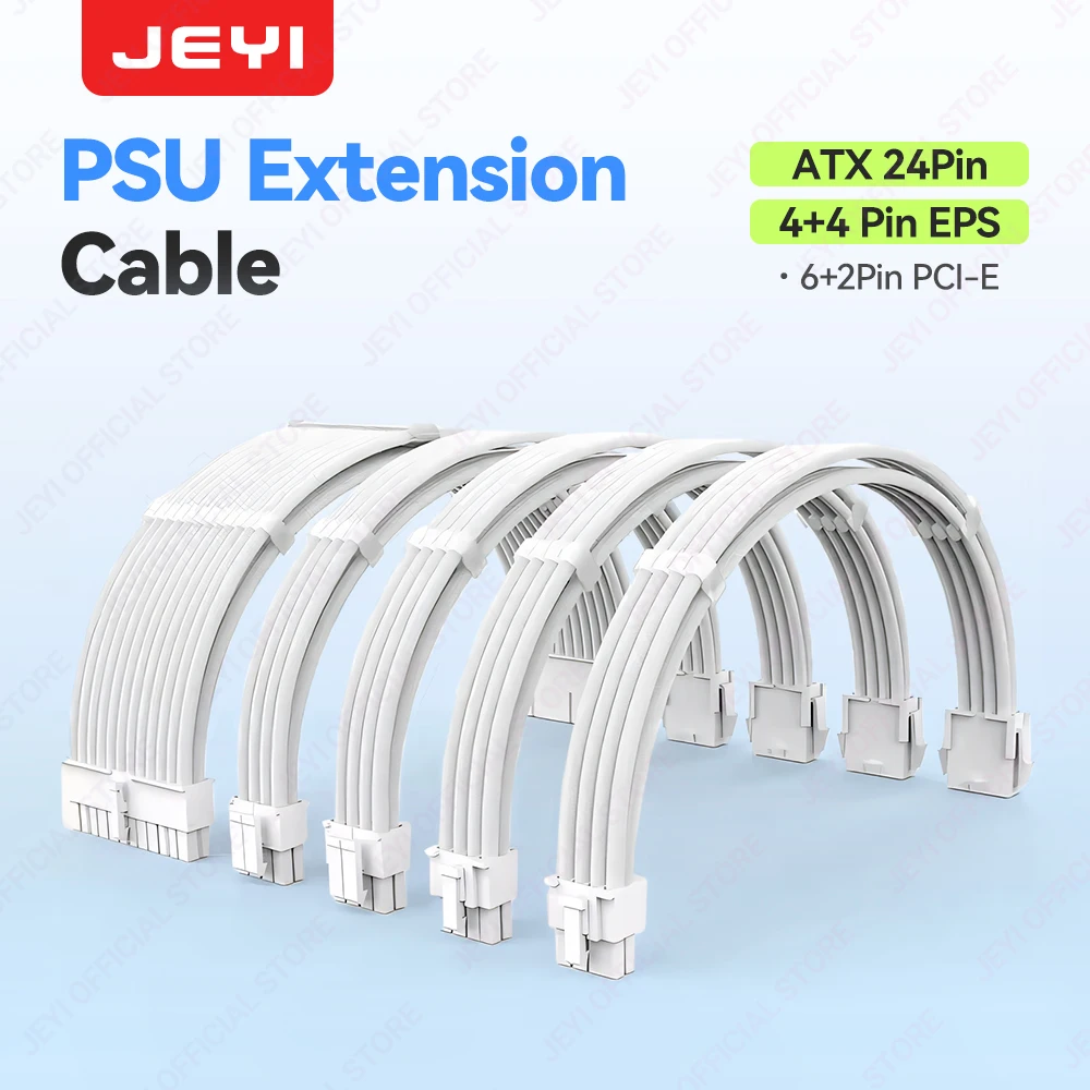 JEYI PSU Extension Cable Solid Color Cable Kit 24Pin ATX 8Pin EPS 6+2Pin 4+4Pin PCIe 18AWG Wire Premium Sleeved with Cable Combs