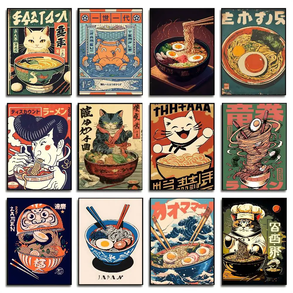 Vintage Illustrator Japan Ramen Art Poster HD-Kunstposter, selbstklebend, für die Wand, wasserfest, für Zuhause, Wohnzimmer, Schlafzimmer, Bar, ästhetische Dekoration