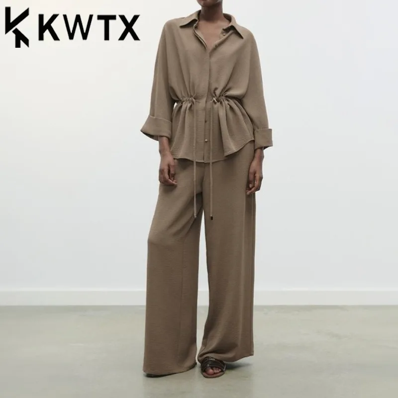 

KWTX 2025 Spring Women’s Two Piece Set Khaki Shirt & Wide Leg Pants Tie Waist Elegant High Quality Spring Summer Work Set