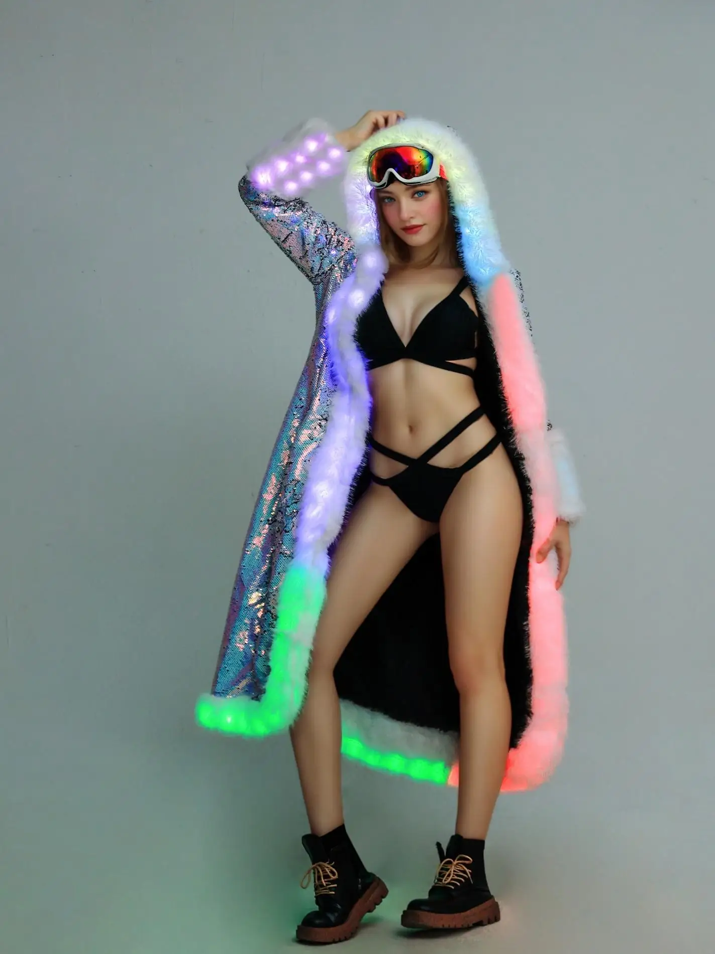 المرأة LED الترتر فو الفراء معطف طويل مقنع مهرجان و تأثيري الزي بالطاقة مقياس السمك الملمس مزين LED مضاءة سترة