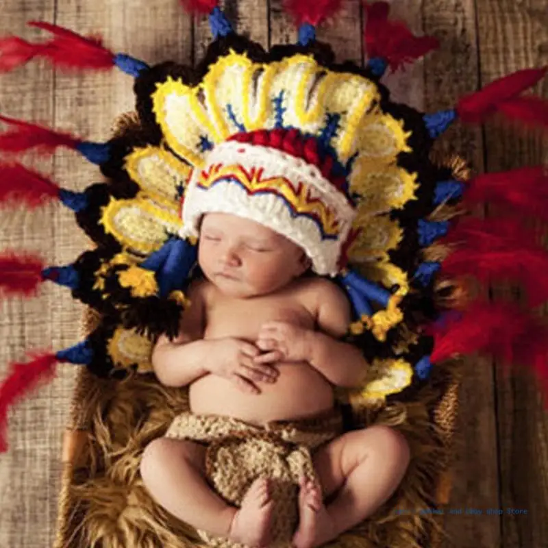 Tenue en tricot sur le thème indien, pour séance photo bébé, vêtements photographie cent jours, accessoires chapeau