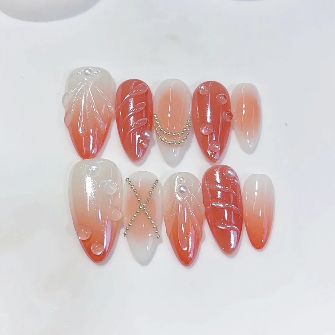 

10 шт. накладных ногтей ручной работы, градиентные, розово-красные, французский маникюр, с 3D текстурой, жемчужной цепочкой, многоразовые