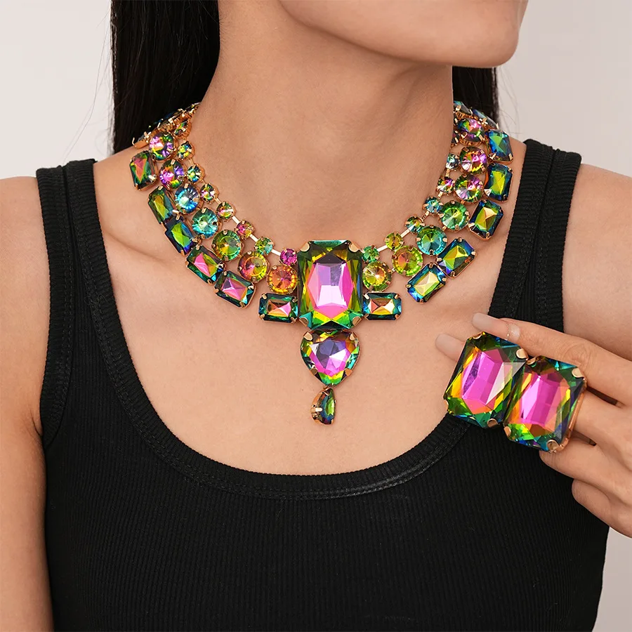 

Exaggerated Large Size Square Rhinestone Necklace Luxury Women's Party Weddding Multi Layer Necklaces Queen Costume Jewelry