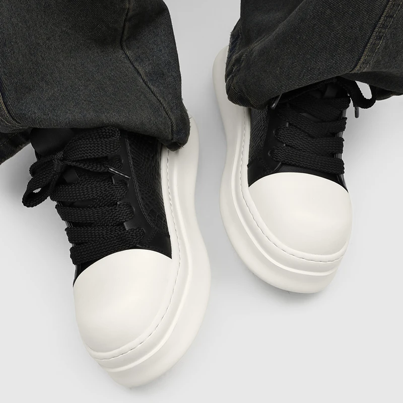 Men Low Cut Thick Soled Sports Shoes with Crocodile Pattern Embossed Round Toe Color Blocking High Street High Casual Shoes