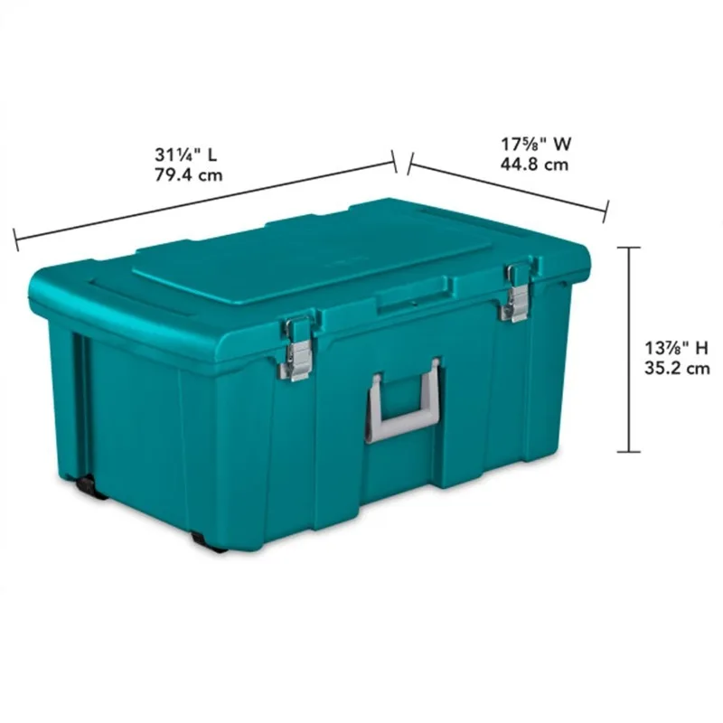 2 Pack Wheeled Footlocker, Lockable Plastic Utility Storage Container, Teal
