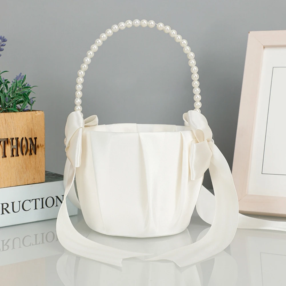 フラワーガールバスケットリングベアローセット、ロマンチックなサテンボウ、パール、結婚式の儀式、パーティーの装飾