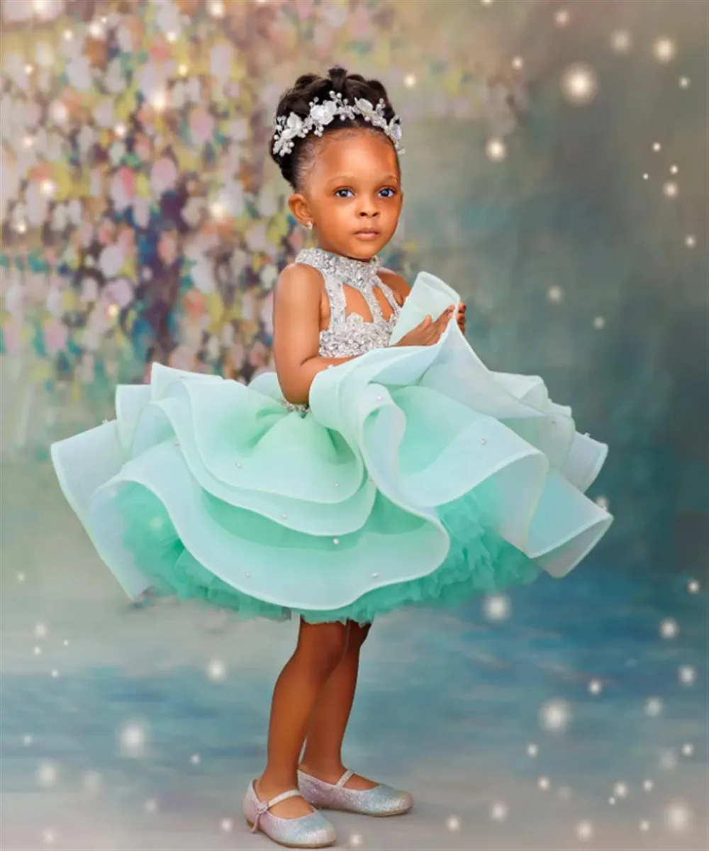 

Customized Mint Green Kids Birthday Party Dress Halter Neck Beaded Sleeveless Flower Girl Wedding Dress First Communion Gown