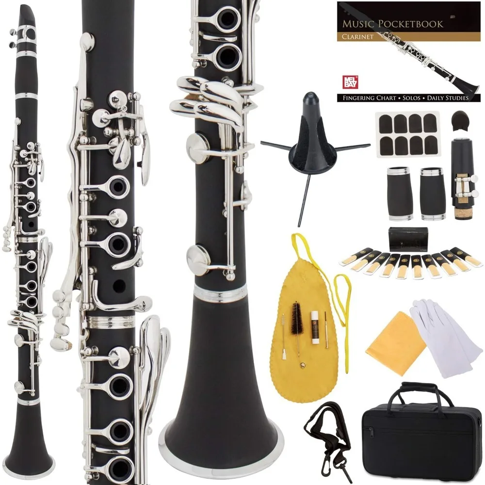 

B Flat Beginner Student Clarinet with 2 Barrels, Case, Stand,10 Reeds, Mouthpiece Brush, Mouthpiece Cushion, Thumb Rest Cushion