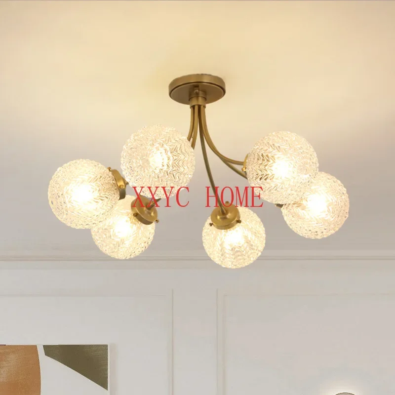 

Bedroom Ceiling Lamp Modern French Simple Living Room Dining Room Copper Glass Ball Cover Chandelier