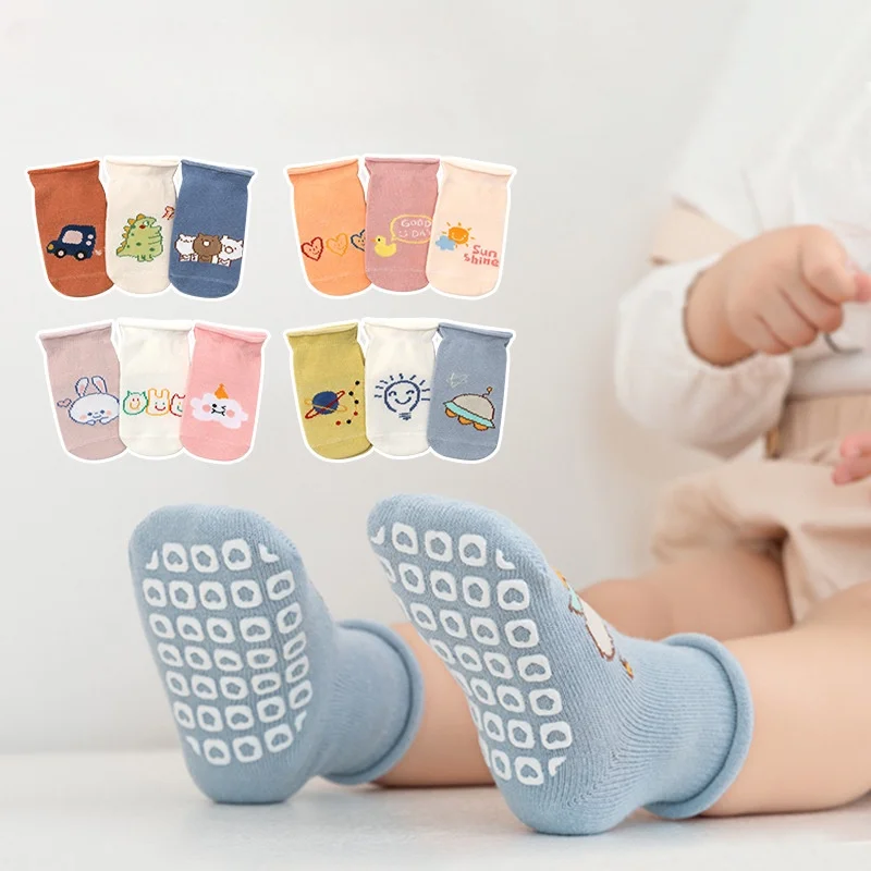 3 Pairs Cartoon Baby Socks Newborn Boy Dispensing Non-slip Curly Edge Cute Animal Baby Boy Girls Socks 0-5 Years