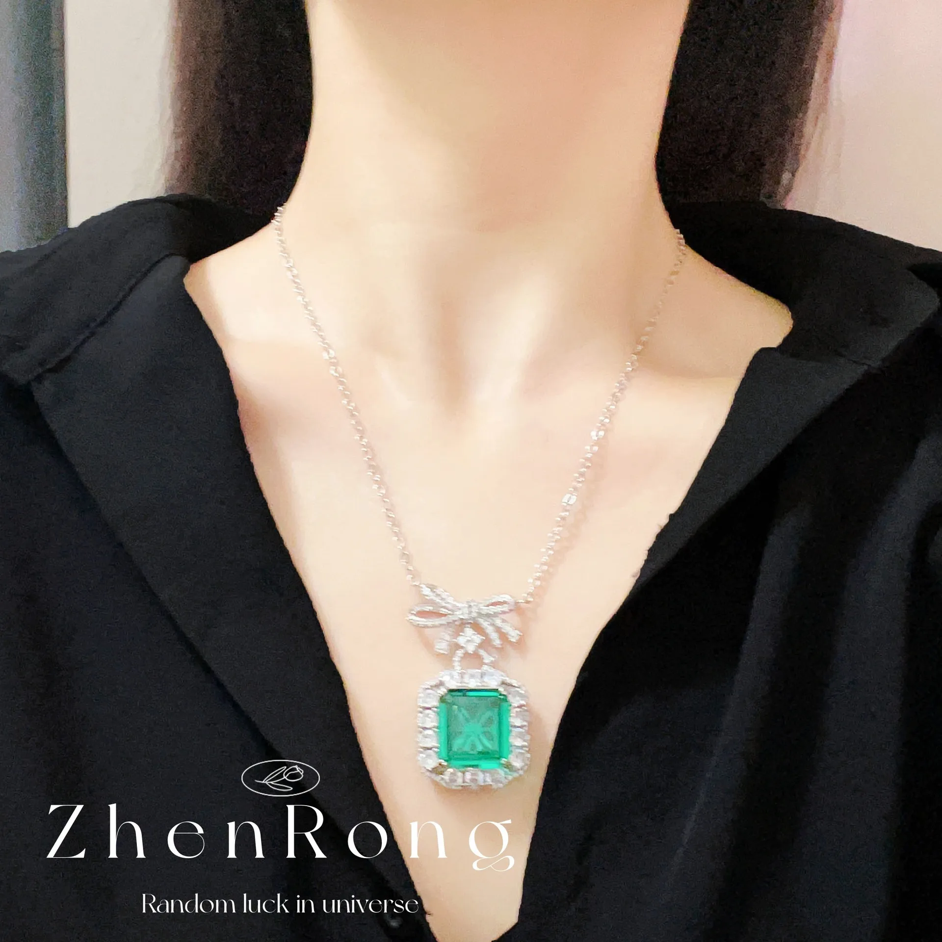 S925 sterling silver necklace new emerald bow pendant necklace sugar cube ring stud earrings set