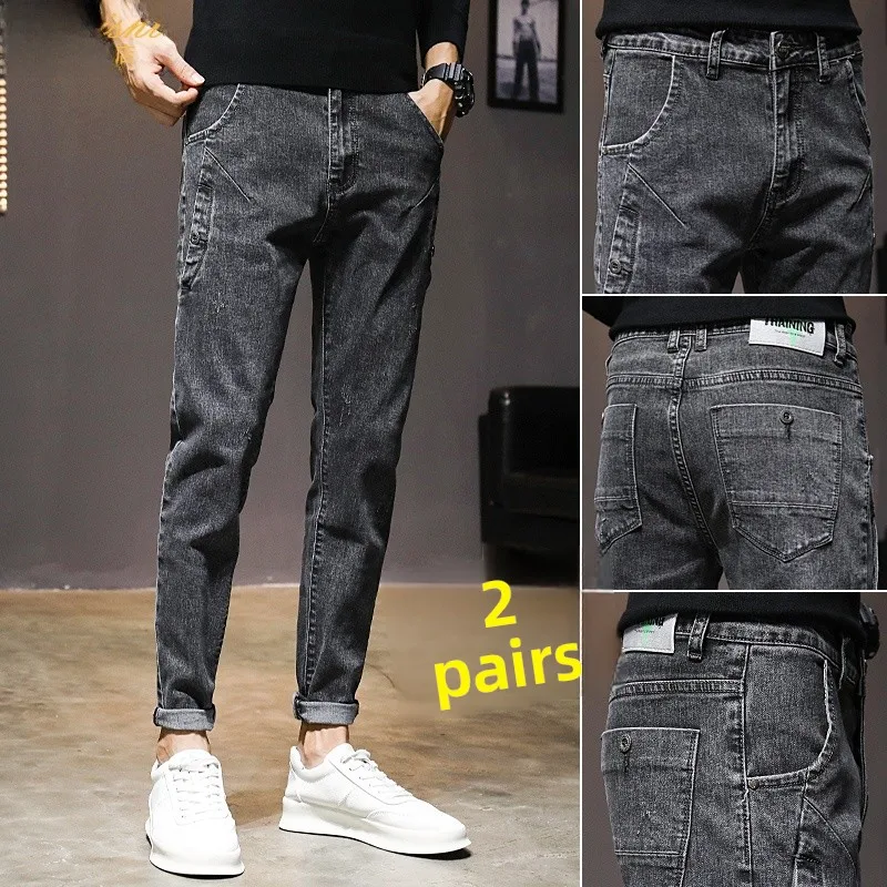Bla High-Rise Slim Fit Jeans Men's Spring 202 New Sle Retro Elastic Trendy Small Foot Pants Cotton Polyester Blend