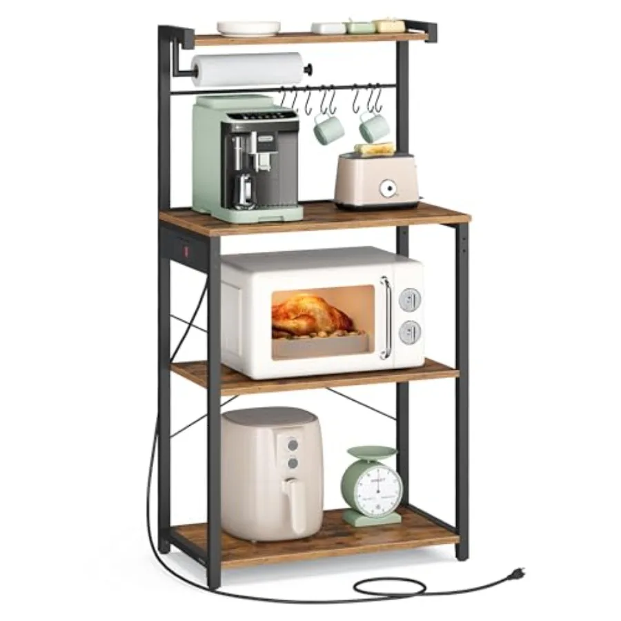 Kitchen Bakers Rack with Power Outlet Coffee Bar 4-Tier with 8 S Hooks Microwave Stand Adjustable Shelf for Small Spaces Rustic